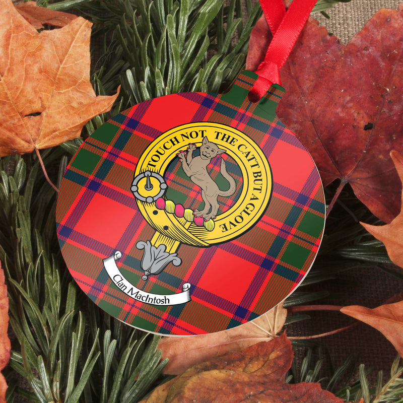MacIntosh Clan Crest and Tartan Metal Christmas Ornament - 6 Styles Available