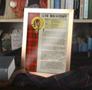 MacKinnon Clan History Print showcasing clan crest and tartan, available framed or unframed, perfect gift for clan members.