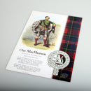 MacPherson Scottish Clan Poster A4 showcasing the clan tartan, crest, and clansman against a vibrant background, perfect for celebrating Scottish heritage.