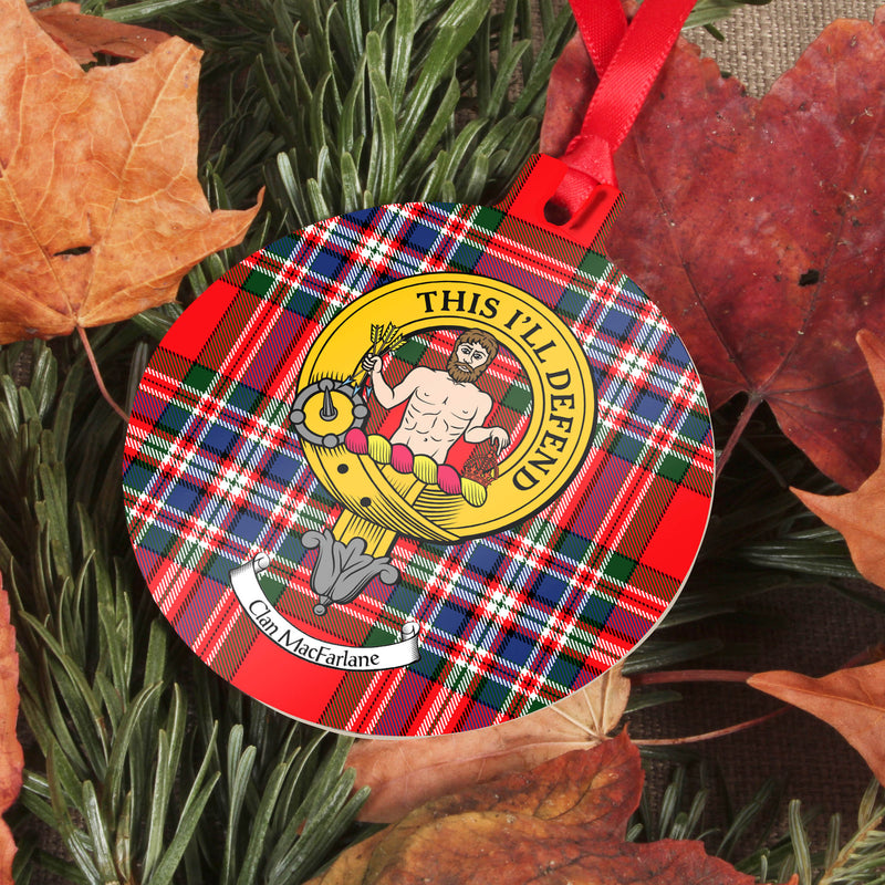 MacFarlane Clan Crest and Tartan Metal Christmas Ornament - 6 Styles Available