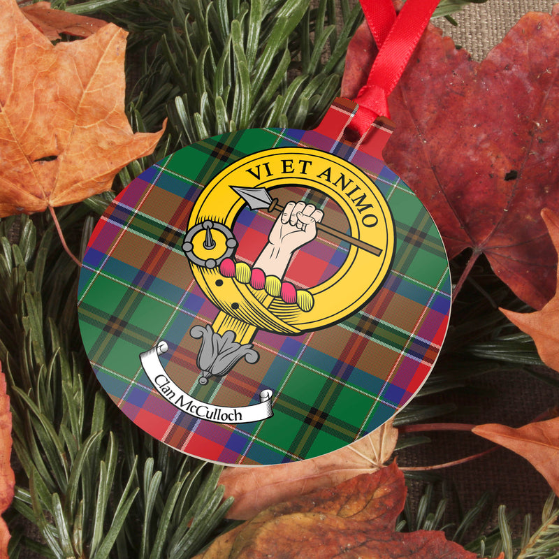 McCulloch Clan Crest and Tartan Metal Christmas Ornament - 6 Styles Available