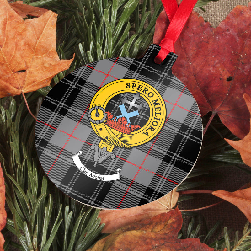 Moffat Clan Crest and Tartan Metal Christmas Ornament - 6 Styles Available