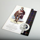 Ogilvie Scottish Clan Poster A4 showcasing clan tartan, crest, and a historical clansman, perfect for celebrating heritage.