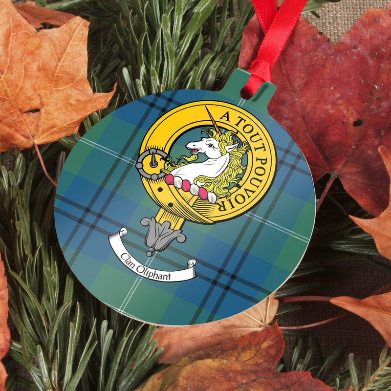 Oliphant Clan Crest and Tartan Metal Christmas Ornament - 6 Styles Available