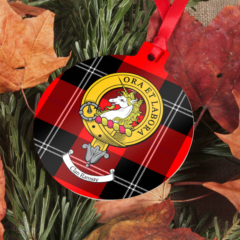 Ramsay Clan Crest and Tartan Metal Christmas Ornament - 6 Styles Available