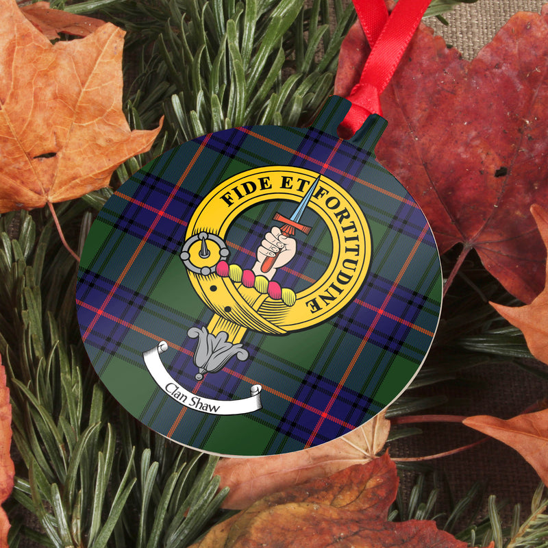 Shaw Clan Crest and Tartan Metal Christmas Ornament - 6 Styles Available