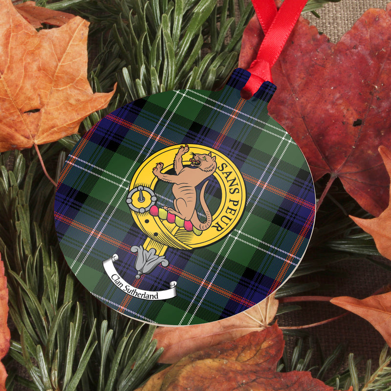 Sutherland Clan Crest and Tartan Metal Christmas Ornament - 6 Styles Available