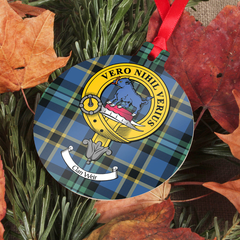 Weir  Clan Crest and Tartan Metal Christmas Ornament - 6 Styles Available