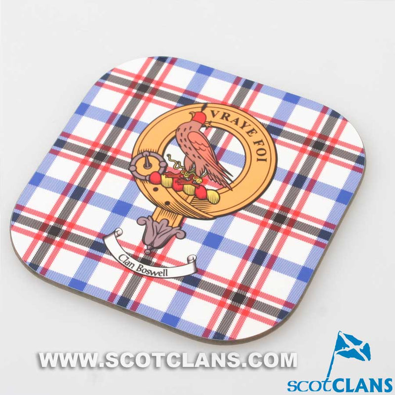 Boswell Clan Crest and Tartan Wooden Coaster 4 Pack