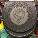 Close-up view of the Crest Leather Sporran - Any Crest with detailed stitching and sleek monochrome artwork.