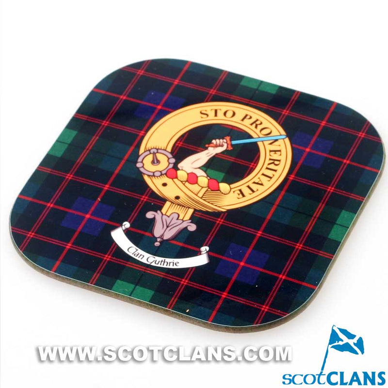 Guthrie Clan Crest and Tartan Wooden Coaster 4 Pack