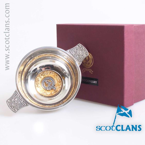 Montgomery Clan Crest Quaich with Gold Trim