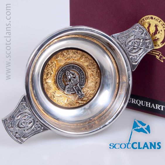 Urquhart Clan Crest Quaich with Gold Trim