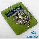Urquhart Clan Crest Badge in Pewter - a sleek and shiny accessory showcasing clan heritage, ideal for caps or brooches.