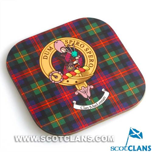 MacLennan Clan Crest and Tartan Wooden Coaster 4 Pack