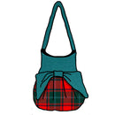 MacPhail Red Modern Effie Bag featuring a striking Aqua Top and Bow, crafted from 100% Wool Melton, designed for style and practicality with internal pockets and a magnetic clasp.