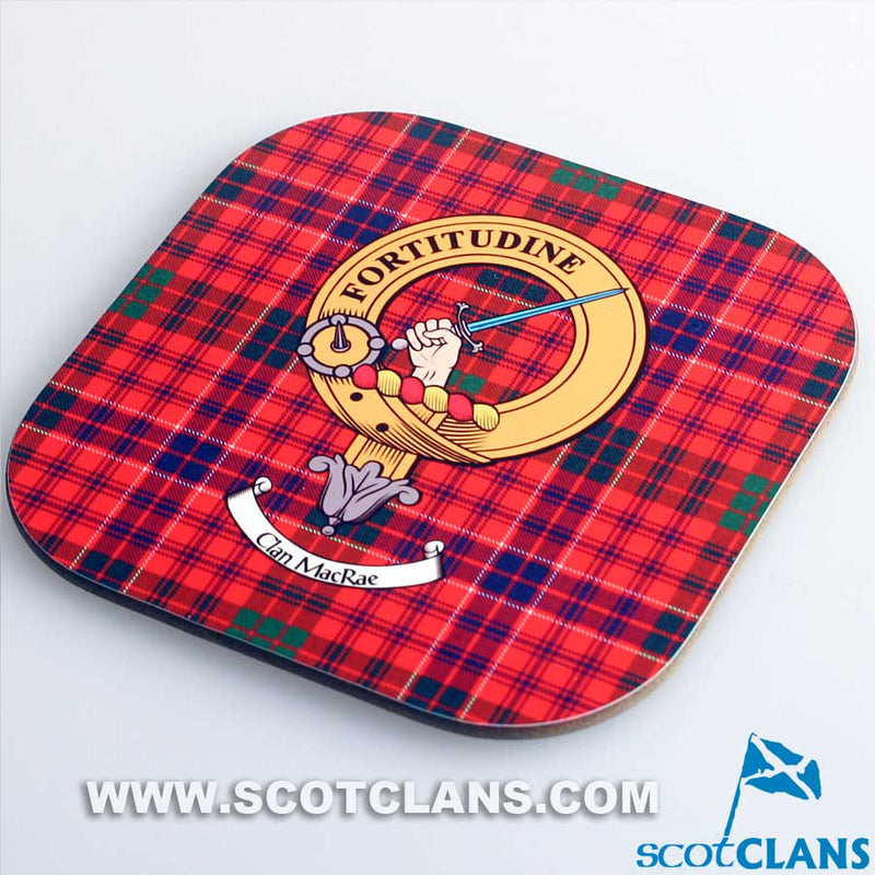 MacRae Clan Crest and Tartan Wooden Coaster 4 Pack