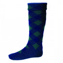 Diced Hose in Navy & Tartan Green by House of Cheviot, showcasing a classic argyle design made from luxurious Merino wool blend, perfect for traditional Scottish attire.