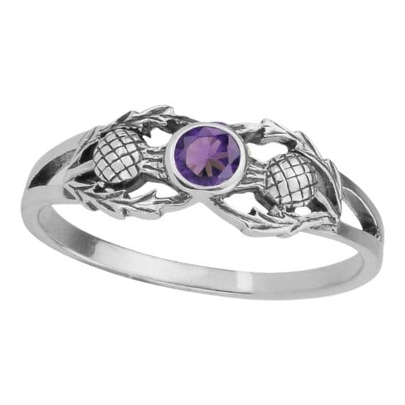 Scottish Thistle Silver Ring with Amethyst colour stone
